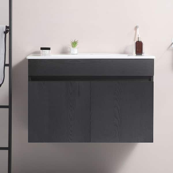 Unbranded 30 in. W x 18 in. D x 20 in. H Wall Mounted Bathroom Vanity in Black with White Ceramic Basin