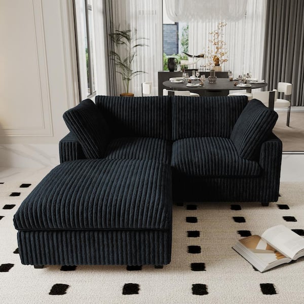 78.7 in. Square Arm Faux Rabbit Fur Velvet 3-Piece Loveseat Cloud Modular Sectional Sofa with Washable Covers in Black