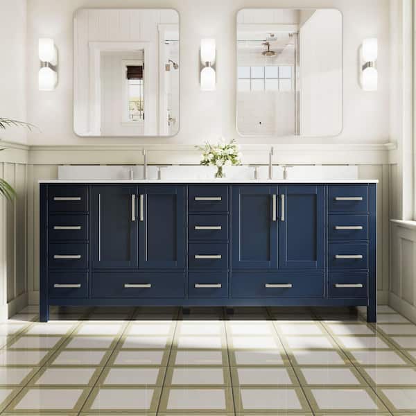 OSA 84 in. W Wood Freestanding Soft Close Navy Blue Bath Vanity with White Cultured Marble Top, Backsplash, Assembled