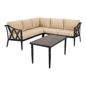 Harmony Hill 3-Piece Black Steel Outdoor Patio Sectional Sofa with CushionGuard Toffee Trellis Tan Cushions