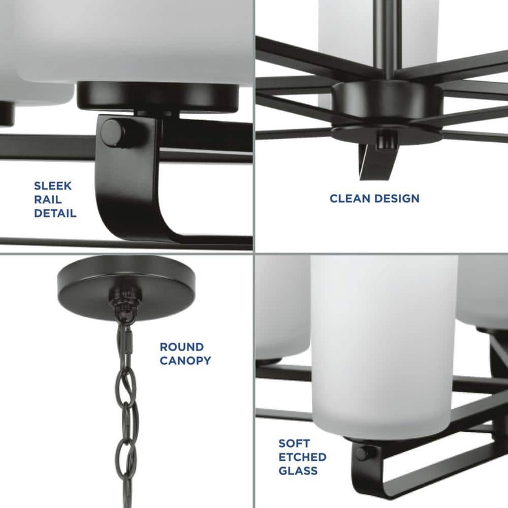 Matte Black and Etched Glass Five-Light Chandelier