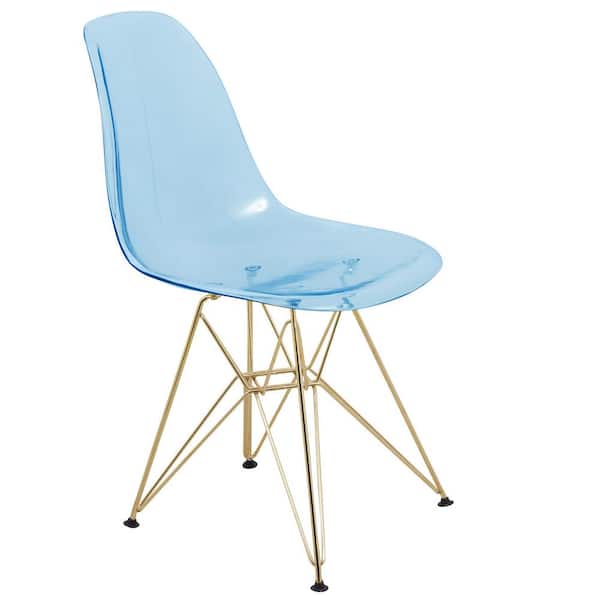 Leisuremod Cresco Modern Plastic Molded Dining Side Chair with Eiffel Gold Legs Transparent Blue