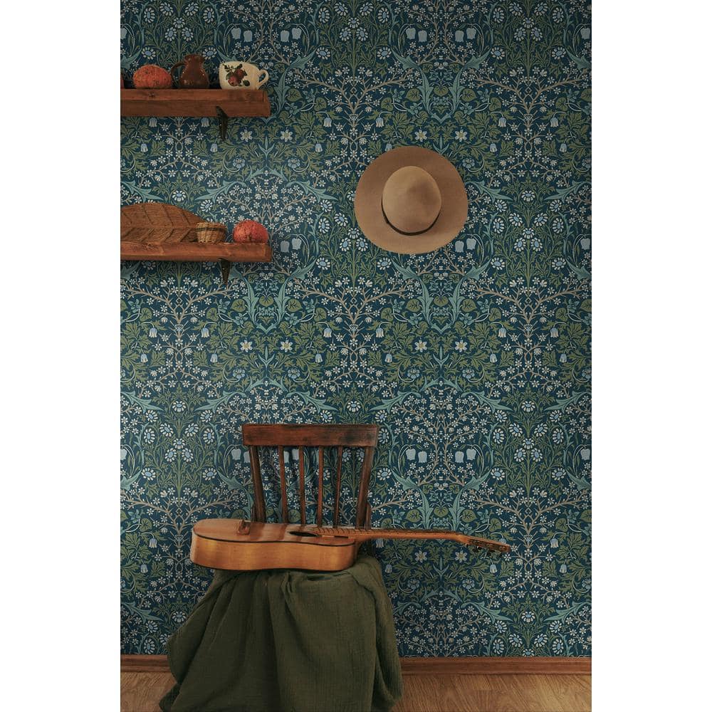 Prussian Blue and Moss Green Damask Peel and Stick Wallpaper