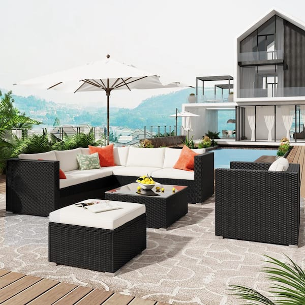 waelph 8-Piece Wicker Patio Conversation Set with Beige Cushions