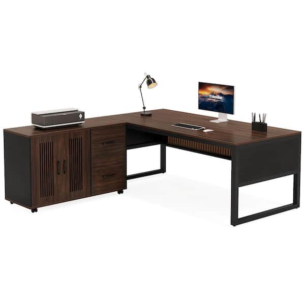 BYBLIGHT Capen 63 in. Walnut&Black Wood Executive Desk and Mobile File Cabinet, Business Furniture with Storage Drawers Shelves