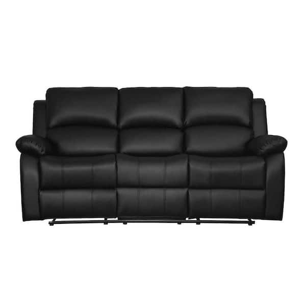 EVERGLADE HOME Byron 81 in. W Flared Arm Faux Leather Straight Double Reclining Sofa With Drop Down Cup-Holders in Black