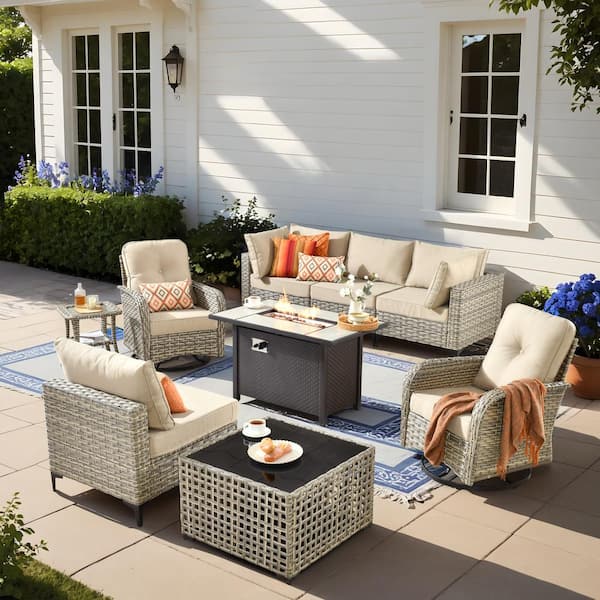 HOOOWOOO Holston 9-Piece Wicker Modern Outdoor Patio Metal Fire Pit Conversation Sofa Set with Swivel Chairs and Beige Cushions