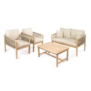 Tavira 4-Piece Bohemian Acacia Wood Outdoor Patio Set and Plain Decorative Pillows, Beige/Light Teak Cushions