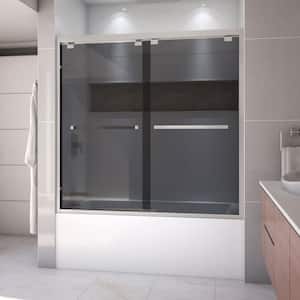 Encore 60 in. W x 58 in. H Sliding Semi Frameless Tub Door in Brushed Nickel Finish with Gray Glass