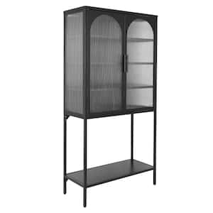 31.5 in. W x 13.8 in. D x 63 in. H Black Linen Cabinet with Adjustable Shelves and 2 Glass Doors for Living Room
