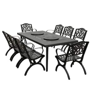 Black 9-Piece Aluminum Rectangular Mesh Outdoor Set with 8-Chairs and 2 Lazy Susans