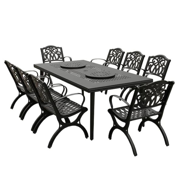 Oakland Living Black 9-Piece Aluminum Rectangular Mesh Outdoor Set with 8-Chairs and 2 Lazy Susans