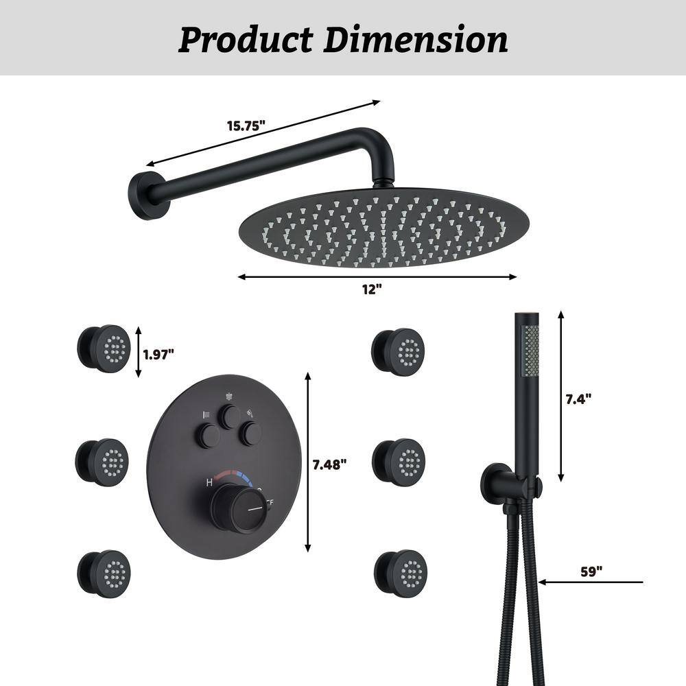 Large Matte Black Dual Rainfall Shower System with 6 Body Jets