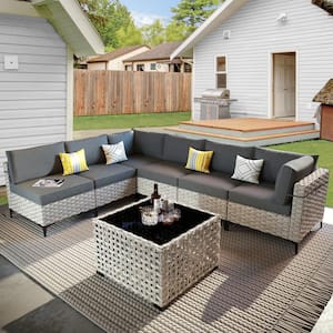 Supery Gray 7-Piece Wicker Patio Conversation Seating Set with Black Cushions and Coffee Table