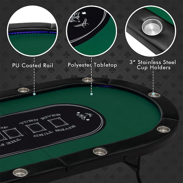 Table De Poker 10 Joueurs – Feutre Vert, 9 Porte-gobelets, 500 Jetons