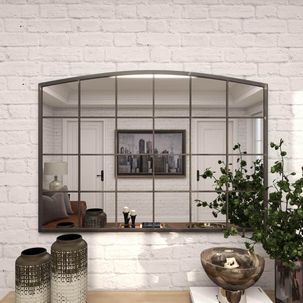 Industrial Black Metal Windowpane Wall Mirror with Arched Top