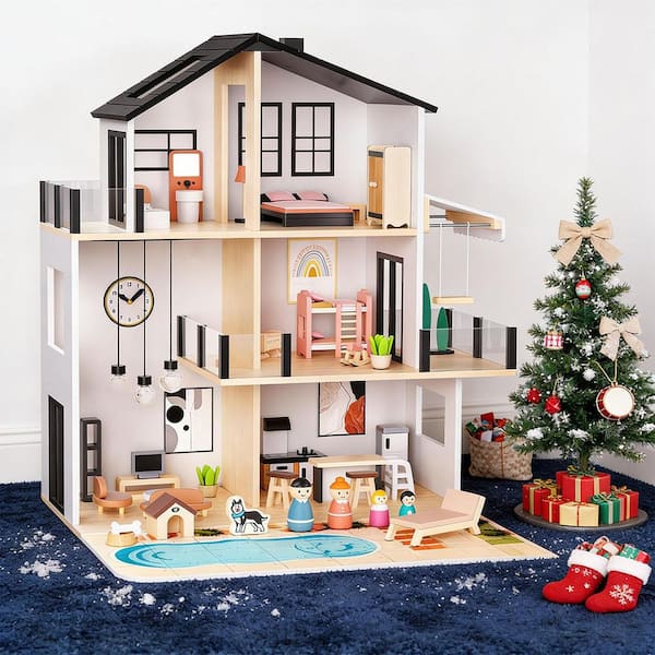 Wooden Dollhouse with 49 Accessories, 5 Rooms, DIY Pool Yard, 4 Dolls  and  Pet, Large Wooden Playhouse Bounce House