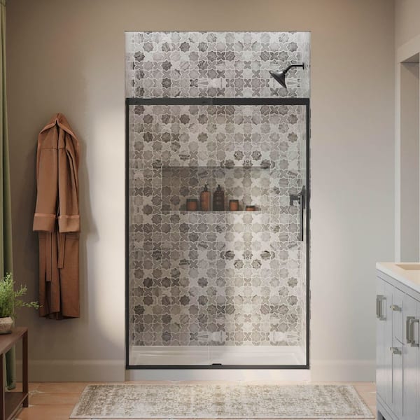 Setra 45-48 in. W x 71 in. H Frameless Sliding Shower Door in Matte Black with 1/4 in. Thick Crystal Clear Glass