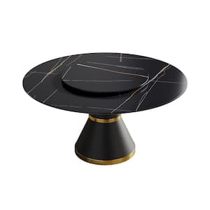 59.05 in. Black Modern Round Sintered Stone Tabletop Dining Table with Metal Leather Base (Seats 8)
