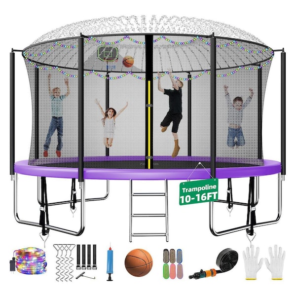 fiziti 14 ft. Round Backyard Trampoline Set with Basketball Hoop, Safety Enclosure, Sprinkler, Lights, Socks and Wind Stakes