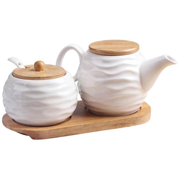 Ceramic Sugar and Creamer Set with Wooden Tray and Lid, 11.8 oz Creamer Pitcher and 7.4 oz Sugar Bowl