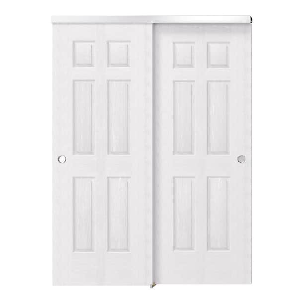 60 in. x 80 in. White Primed, Solid Core MDF, Double 6-Panel Bypass Sliding Door with Aluminum Hardware