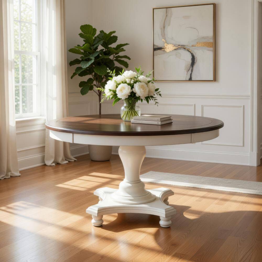 Benjara Orso White and Brown Wood 54 in. Pedestal Dining Table Seating ...