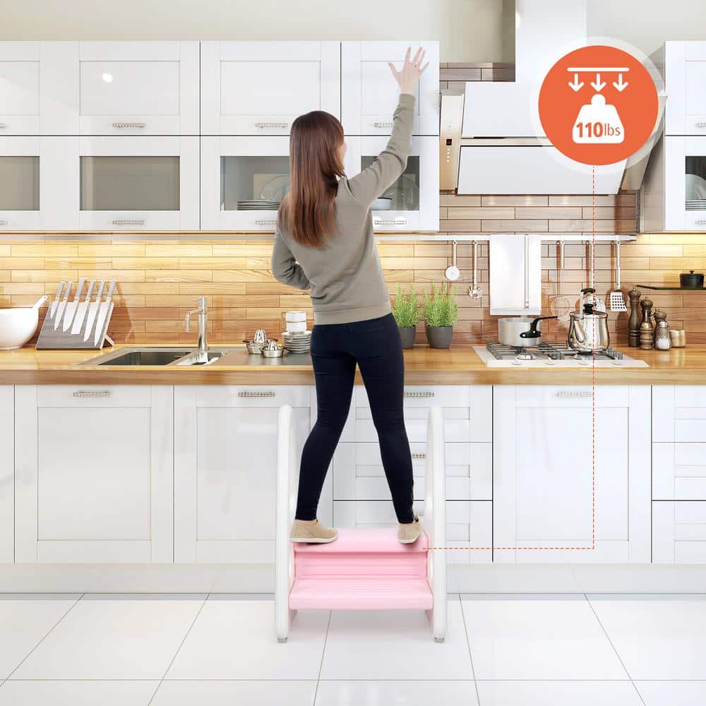 Sleek 2-Step Pink Plastic Kids' Step Stool with Armrests