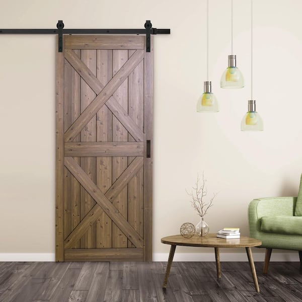 36 in. x 84 in. Gunstock Oak Double-X Design Solid Core Barn Door with Hardware