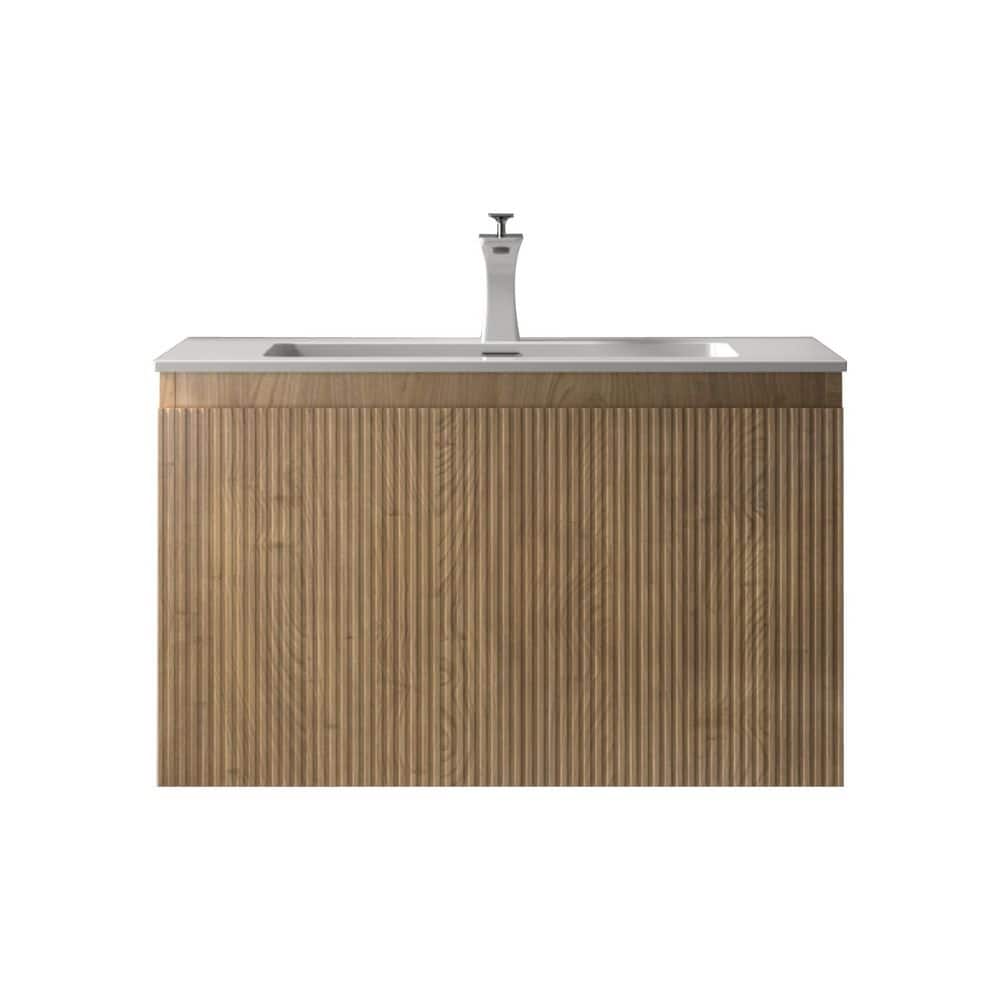 Liner 30 in. Single Yellow Oak Bath Vanity Wall-mounted Floating Vanities with Gloss White Resin Stone Top 2-Drawers price history on PriceWatchPro