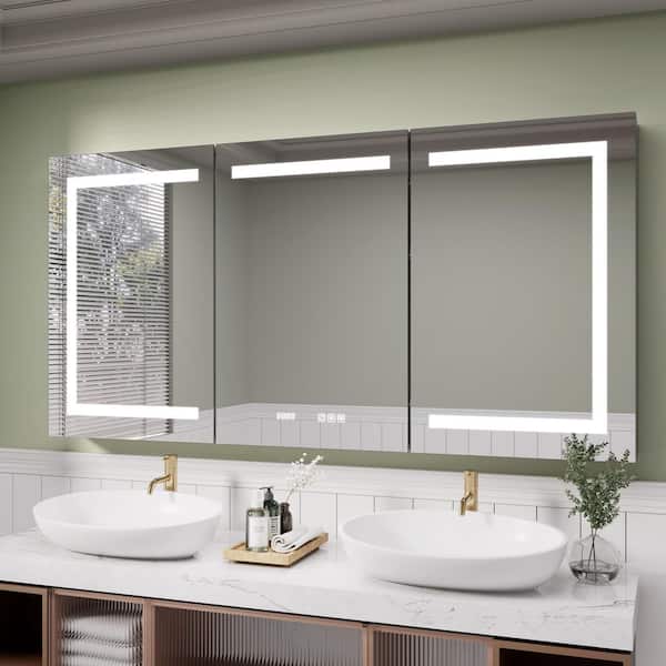 48 in. W x 30 in. H Rectangular Silver Aluminum Recessed/Surface Mount Lighted Medicine Cabinet with Mirror and Clock