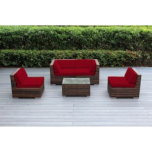 Ohana Mixed Brown 5-Piece Wicker Patio Seating Set with Sunbrella Jockey Red Cushions
