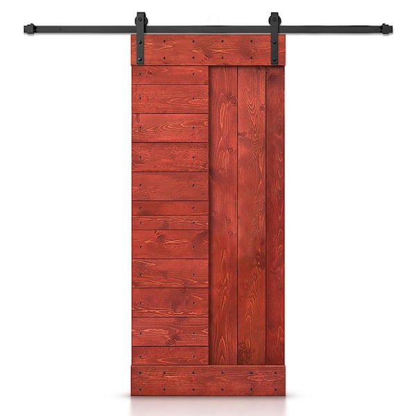 CALHOME 30 in. x 84 in. Cherry Red Stained DIY Knotty Pine Wood Interior Sliding Barn Door with Hardware Kit