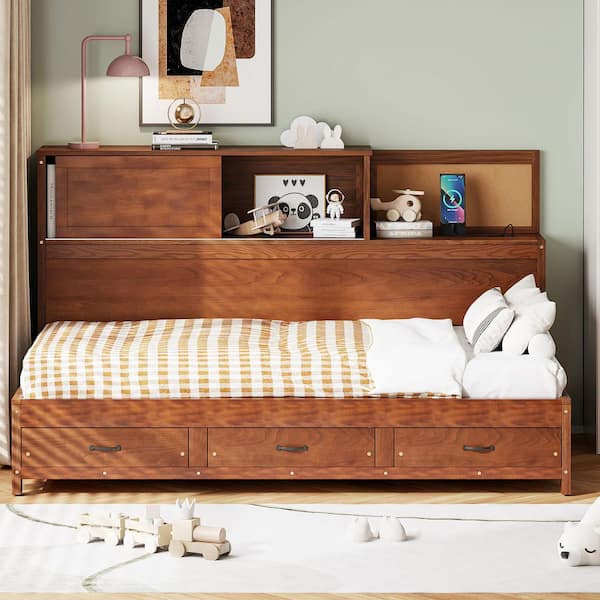 Harper & Bright Designs Brown Wood Twin Size Daybed with Storage Shelves, 3-Drawers, Cork Board, USB Ports, Slide-Door Compartment