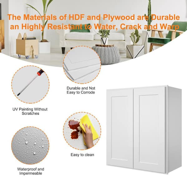 HOMEIBRO White Painted Shaker Style Ready to Assemble Wall Cabinet 24-in W x 36-in H x 12-in D