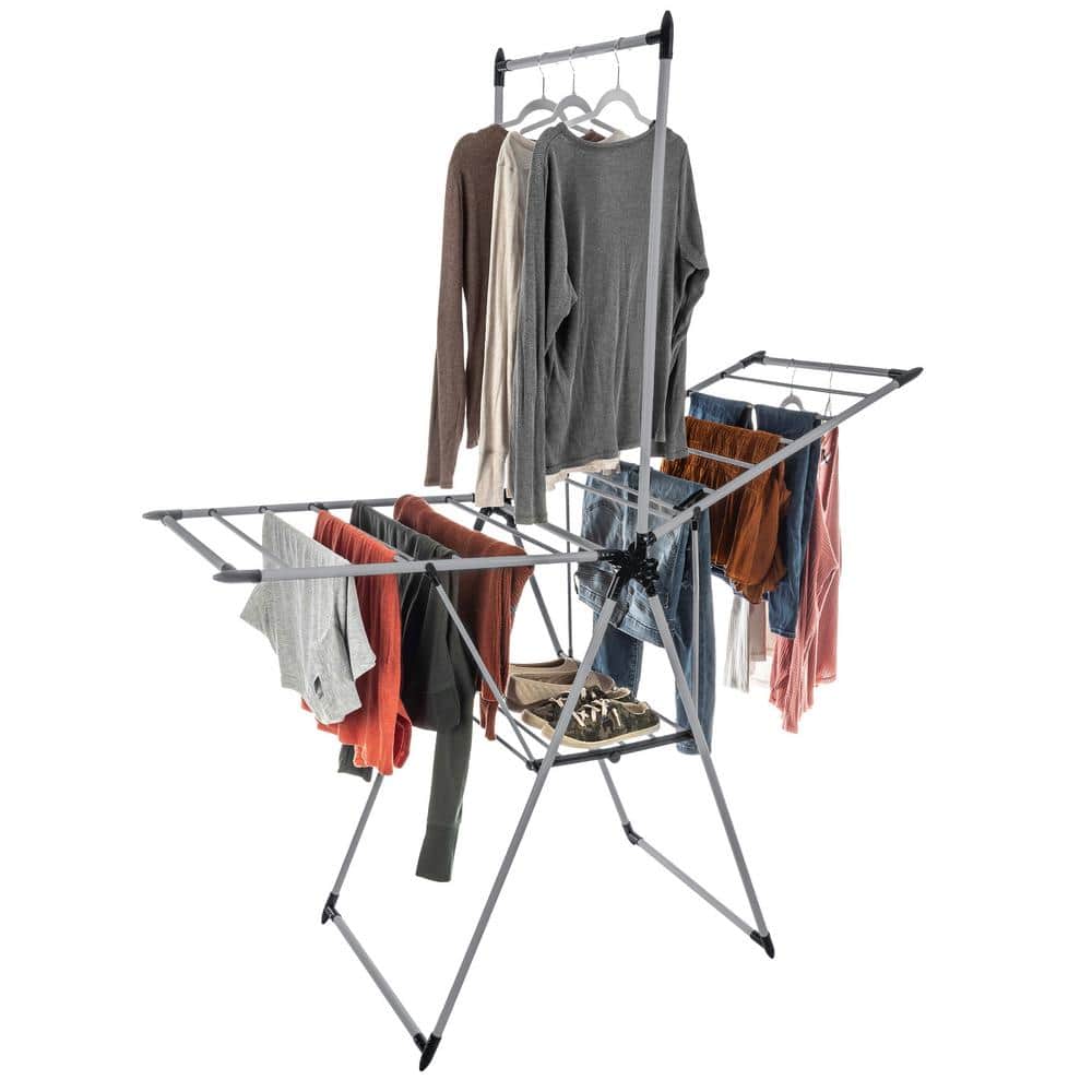 HOME-COMPLETE Clothes Drying Rack - 2-Level Laundry Drying Rack with 24 Drying Rails, Hanging Bar, and 2 Height-Adjustable Wings