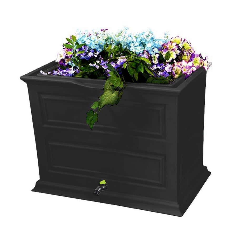 Savannah Black Plastic 50-Gallon Planter Rain Barrel