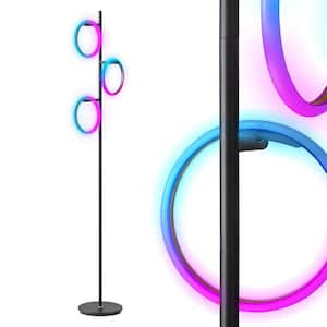 Saturn 66 in. Classic Black Industrial 3-Light Color Changing LED Floor Lamp with 3 Replaceable LED Rings
