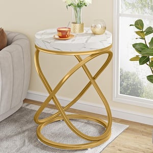 Kerlin 19.68 in. W White and Gold Round Faux Marble End Table Side Nightstand with Double X-Shaped Ring Unique Design
