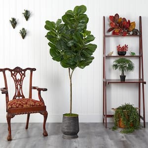 74 in. Fiddle Leaf Fig Artificial Tree in Ribbed Metal Planter