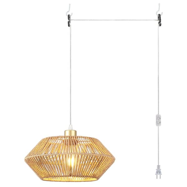 Bohemian 60-Watt 1-Light Plug in Paper Bamboo Shade Pendant Light with Switch for Kitchen Island, No Bulbs Included