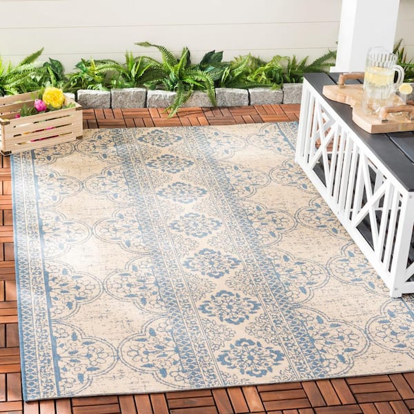 Beach House Blue/Cream 8 ft. x 10 ft. Floral Indoor/Outdoor Patio  Area Rug
