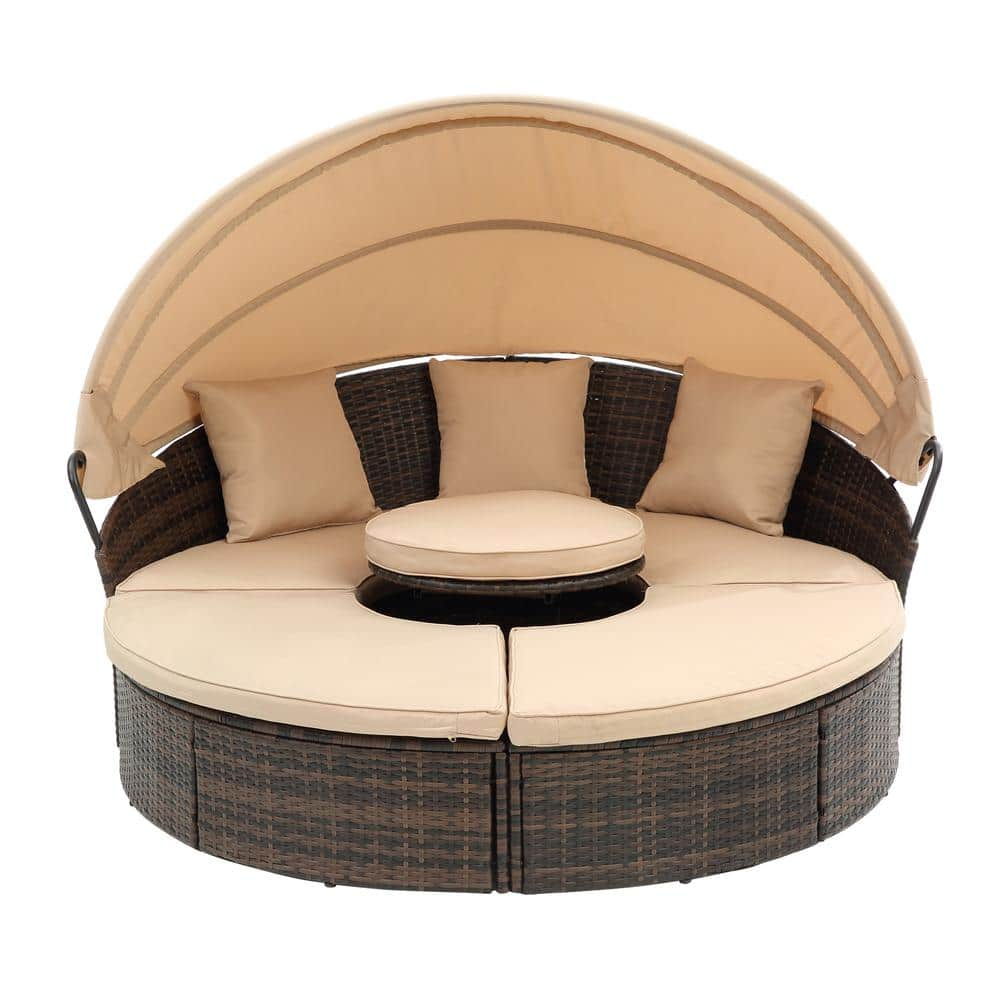 Sudzendf Brown Wicker Rattan Outdoor Round Lounge Day Bed with Beige ...