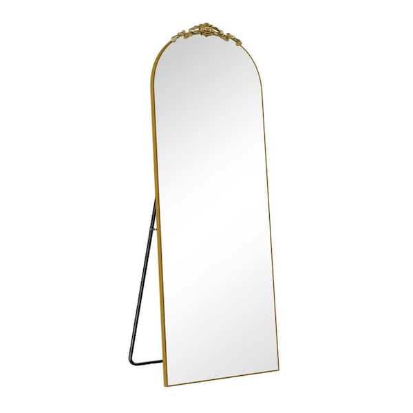 Unbranded Gold 24 in. W x 65 in. H Wooden Right-Angled Arched Mirror Full-Length Mirror with Stand