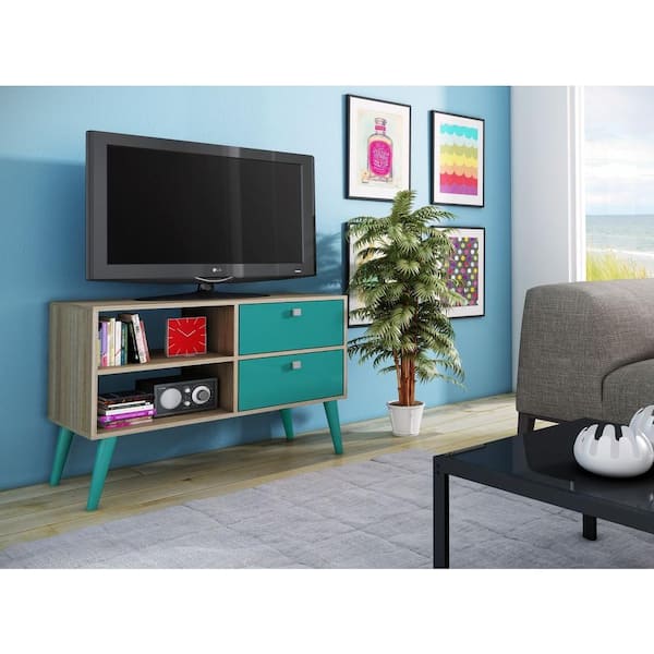 Manhattan Comfort Dalarna 35 in. Oak and Aqua Composite TV Stand with 2 Drawer Fits TVs Up to 32 in. with Built-In Media Storage