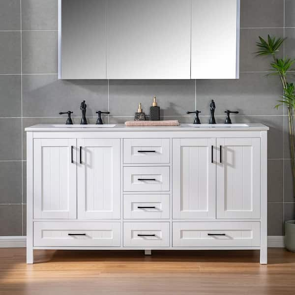 59.88 in. W x 22 in. D Double Sink Freestanding Bath Vanity in White with Rubberwood Cabinet and Stone Vanity Top