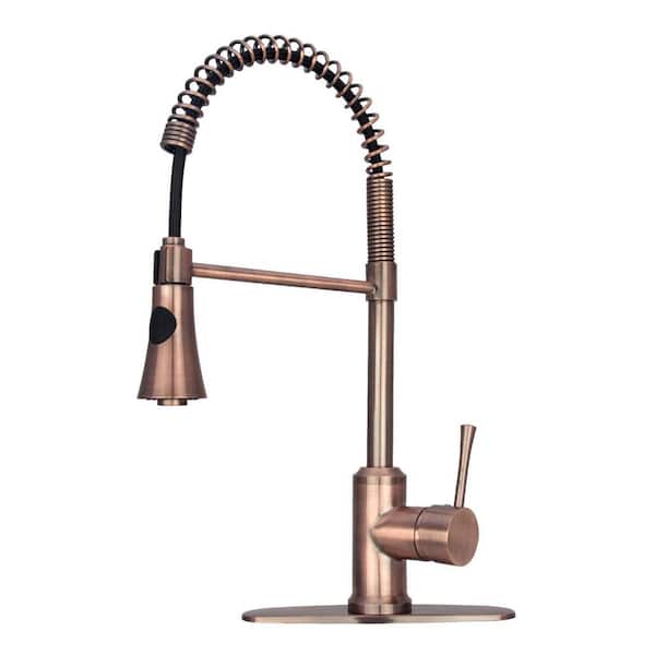 Akicon Single-Handle Pre-Rinse Spring Pull-Down Sprayer Kitchen Faucet in Antique Copper