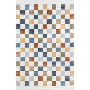 Naya Checkered Machine Washable Beige Doormat 3 ft. x 5 ft. Accent Rug