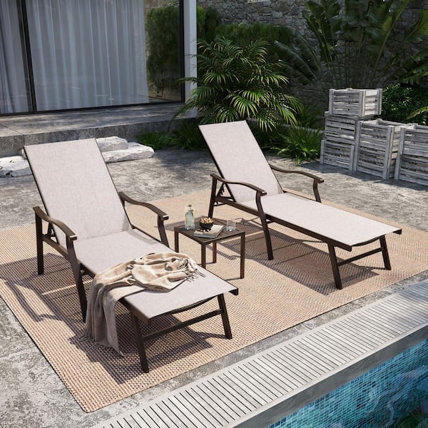 Metal Aluminum Outdoor Chaise Lounge Chairs Set with Side Table, Adjustable Patio Pool Lounger, Beige