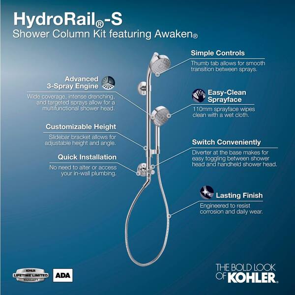 HydroRail-S Shower Column Kit with Awaken Multi-Function Shower Head, Hand Shower and Hose (Valve not included)